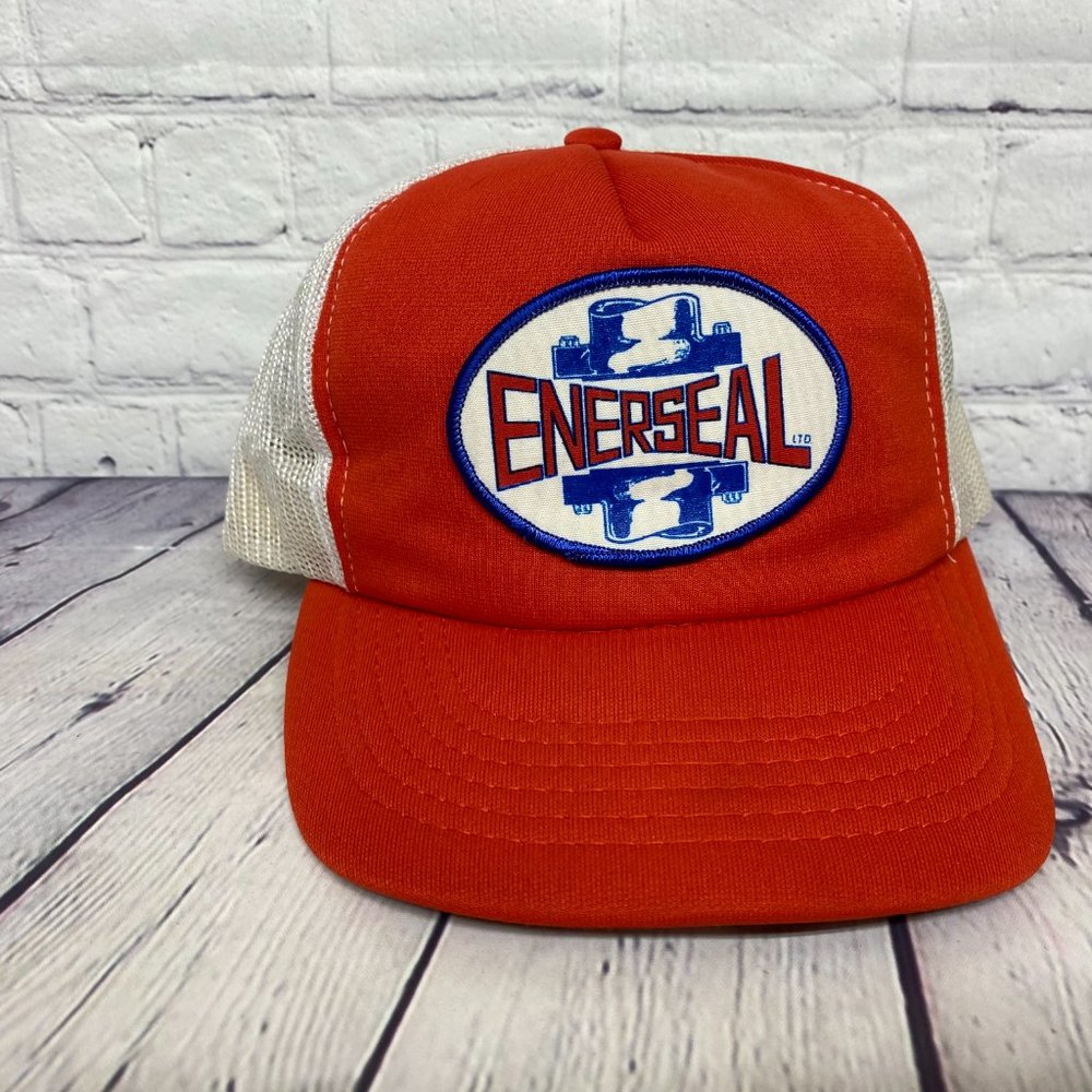 Vintage Hat Cap Snapback Red White Trucker Mesh ENERSEAL Patch Logo Foam Visor - Picture 5 of 7